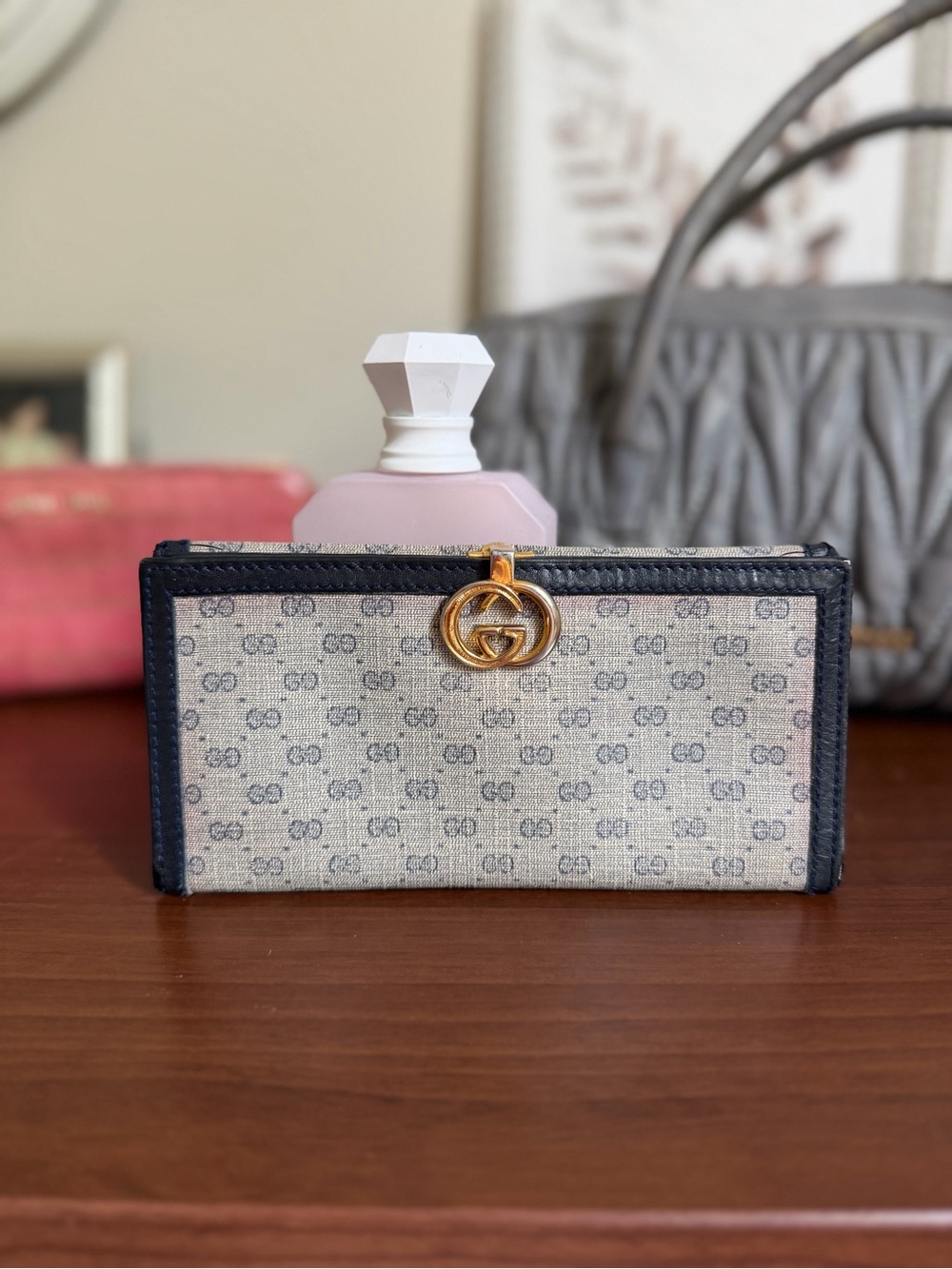 Gucci Beige Monogram Continental Wallet with Navy Trim